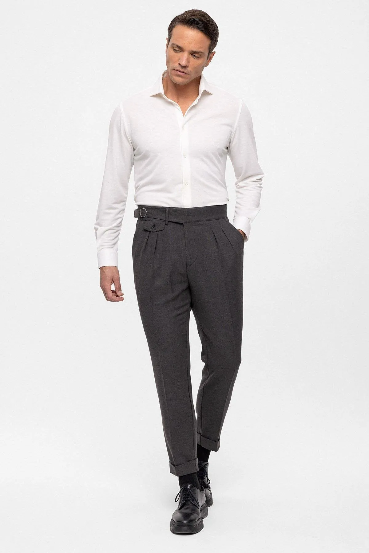 Anthracite High Waist (Boyfriend) Pleated Fabric Trousers With Buckle Belt - Wessi sold by Wessi