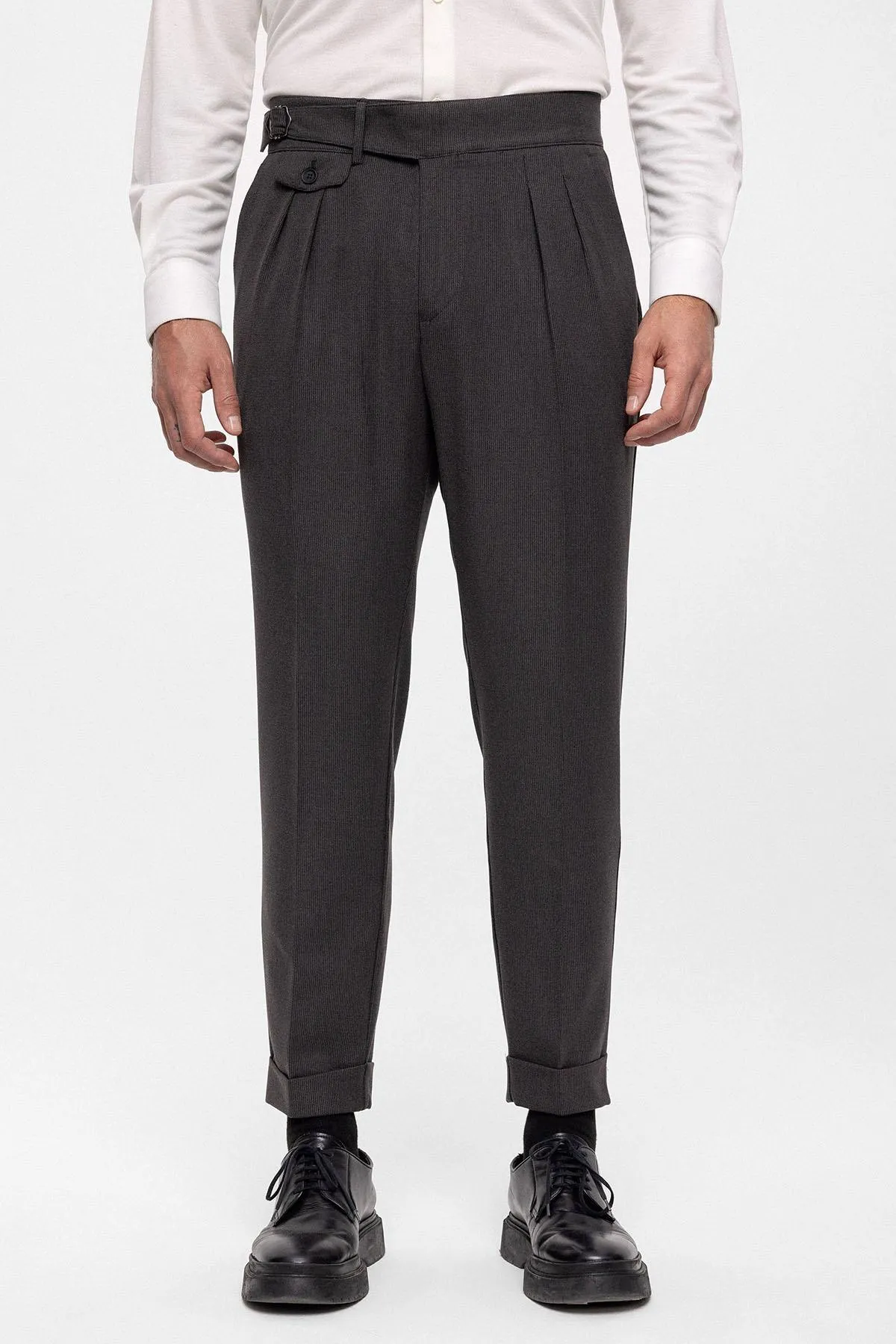 Anthracite High Waist (Boyfriend) Pleated Fabric Trousers With Buckle Belt - Wessi sold by Wessi product image thumbnail 3