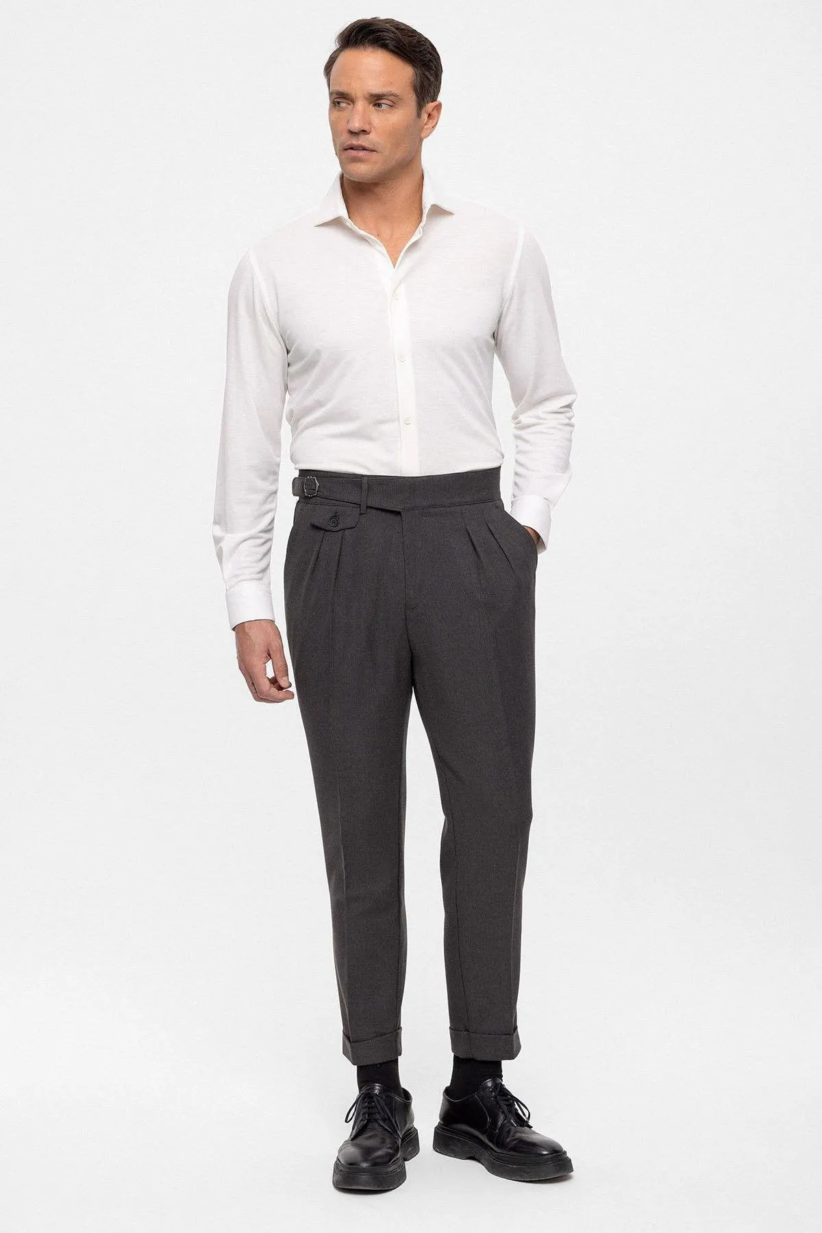 Anthracite High Waist (Boyfriend) Pleated Fabric Trousers With Buckle Belt - Wessi sold by Wessi product image thumbnail 2