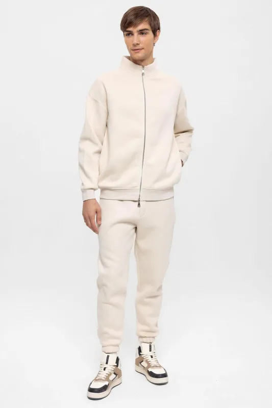 Men's Beige High Collar Double Zipper Closure Sweatshirt - Wessi sold by Wessi