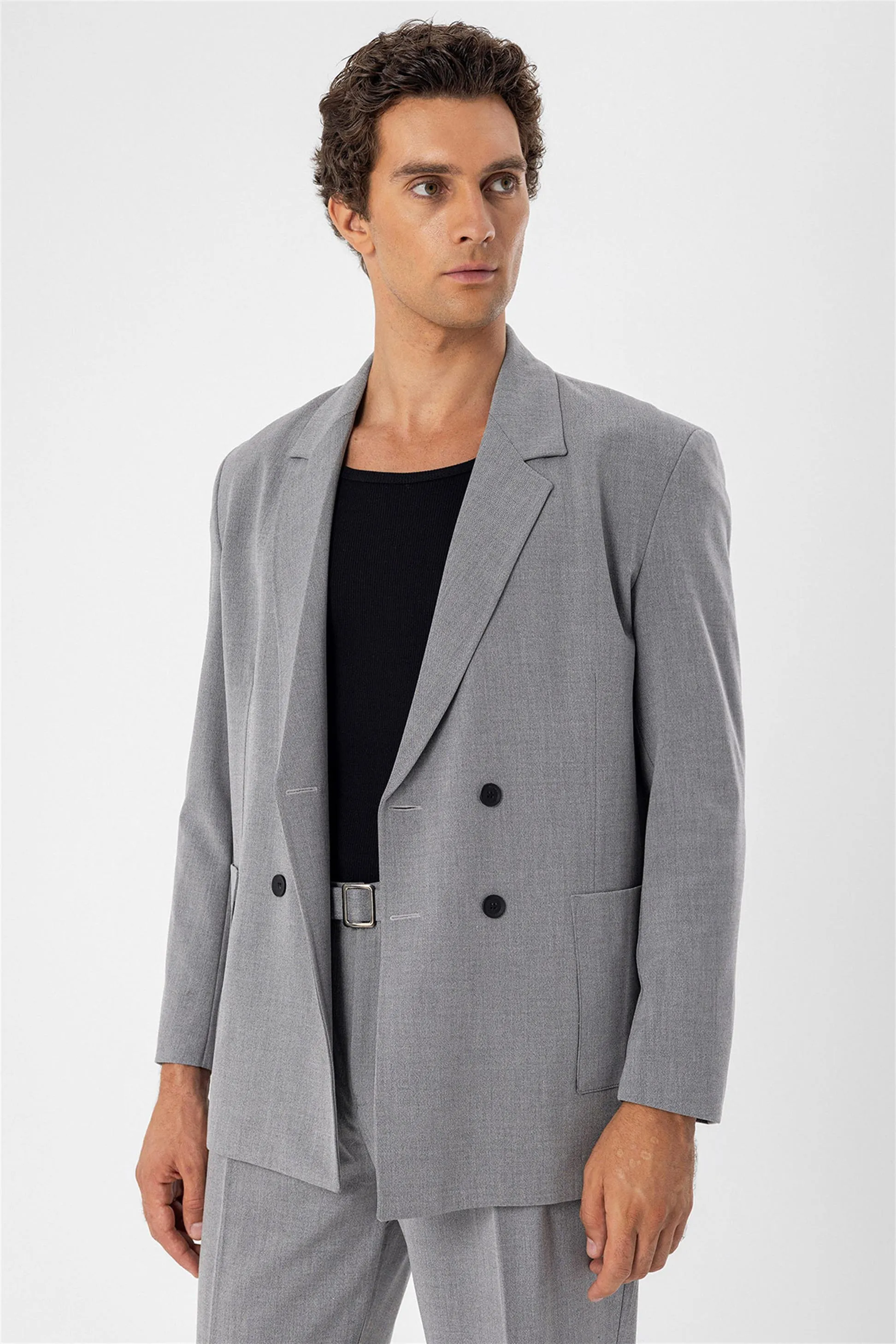 Grey Double Breasted Men's Blazer Jacket with Bag Pocket - Wessi sold by Wessi