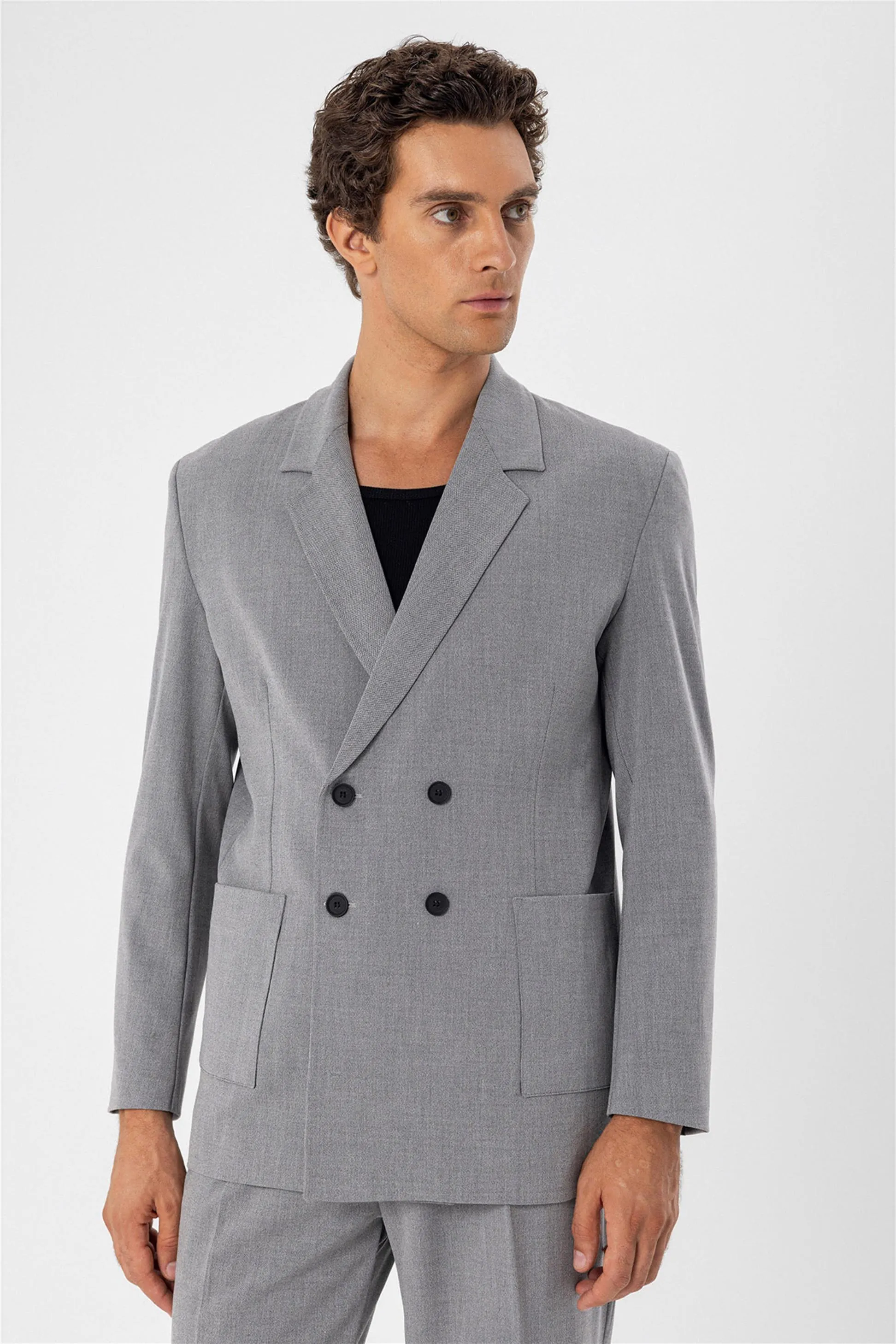 Grey Double Breasted Men's Blazer Jacket with Bag Pocket - Wessi sold by Wessi product image thumbnail 3
