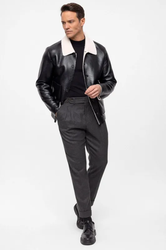 Men's Black/Ecru Lining Detailed Faux Leather  Coat - Wessi sold by Wessi