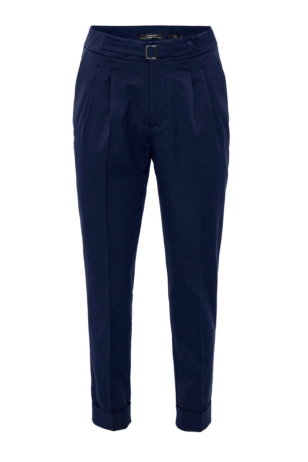 Men's Navy Blue High Waist Buckle Detailed Trousers - Wessi sold by Wessi product image thumbnail 5