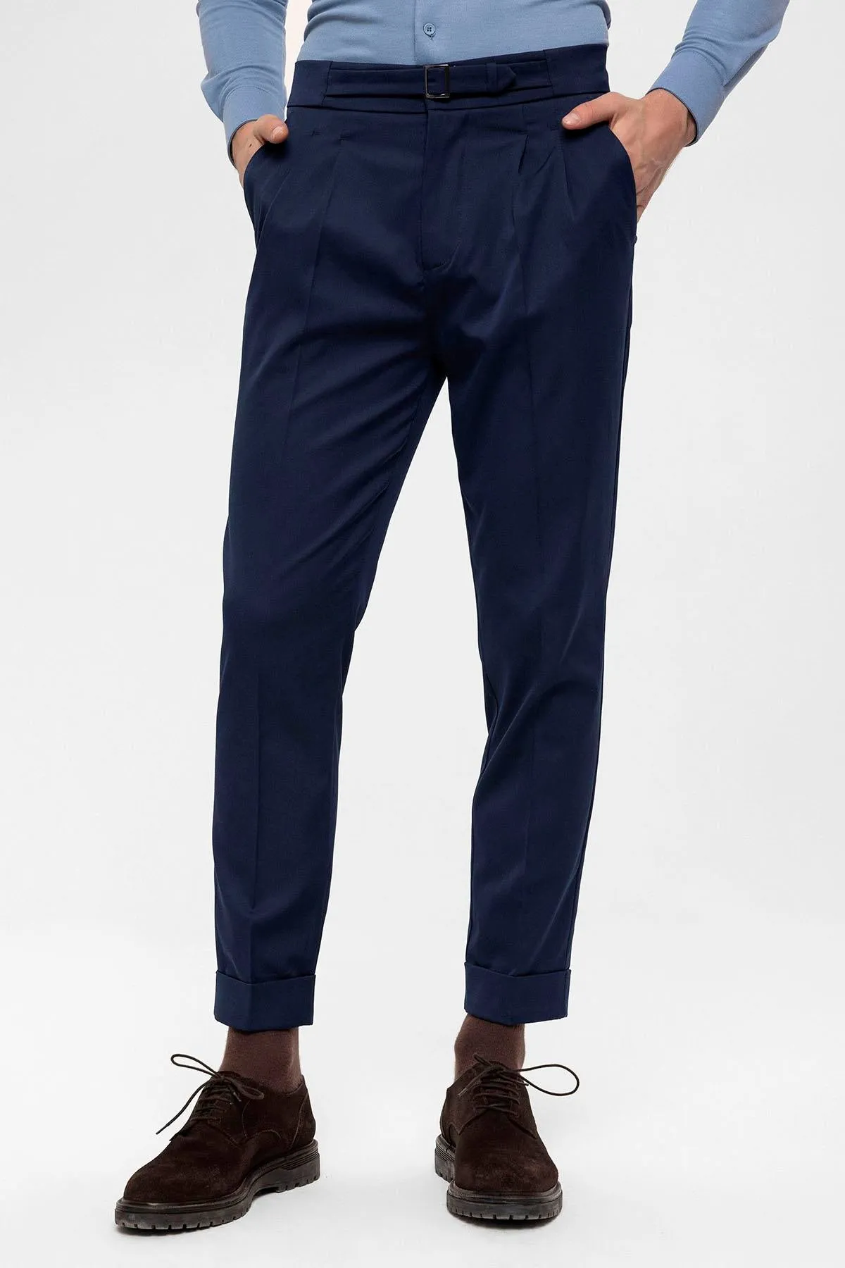Men's Navy Blue High Waist Buckle Detailed Trousers - Wessi sold by Wessi product image thumbnail 2