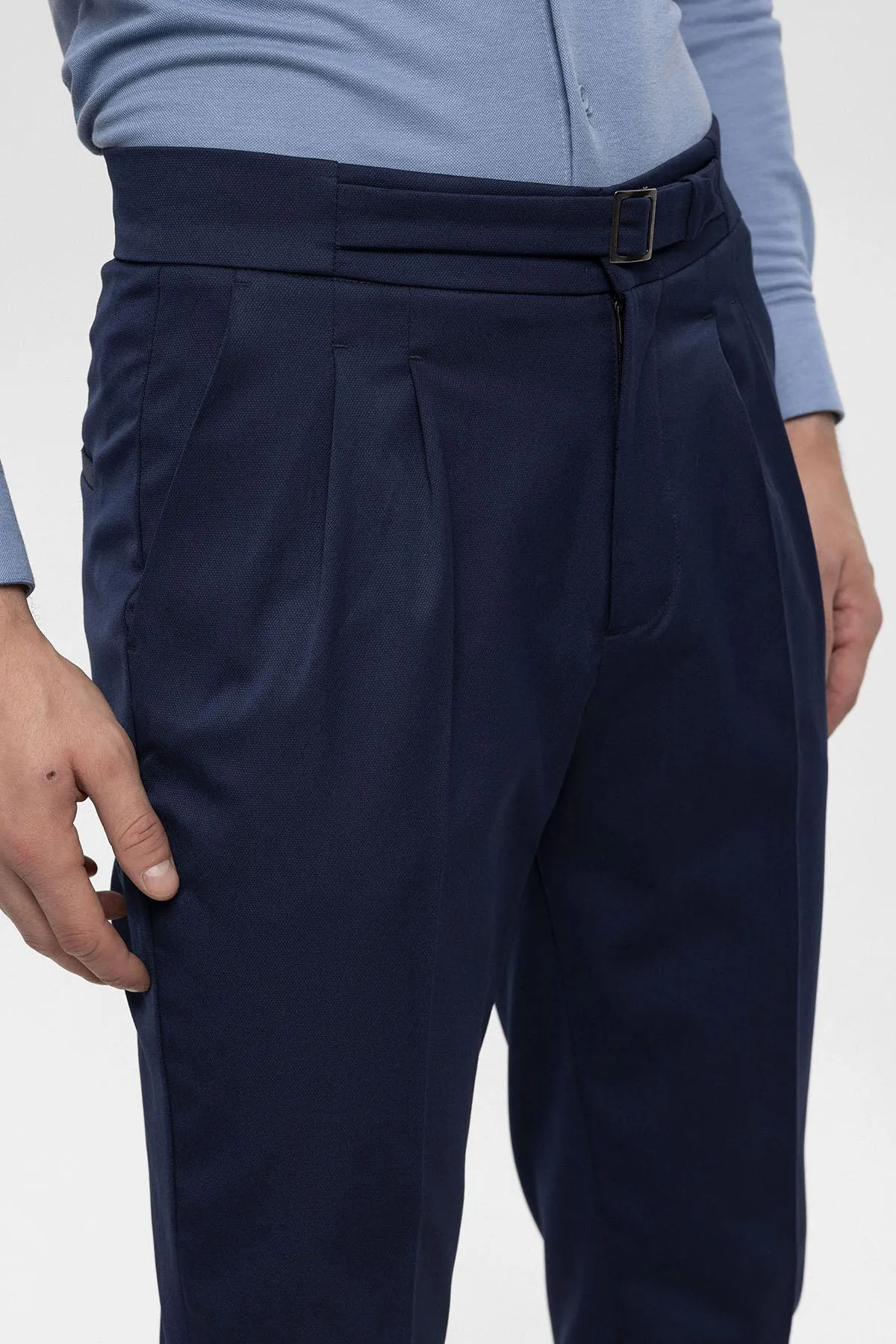 Men's Navy Blue High Waist Buckle Detailed Trousers - Wessi sold by Wessi product image thumbnail 4