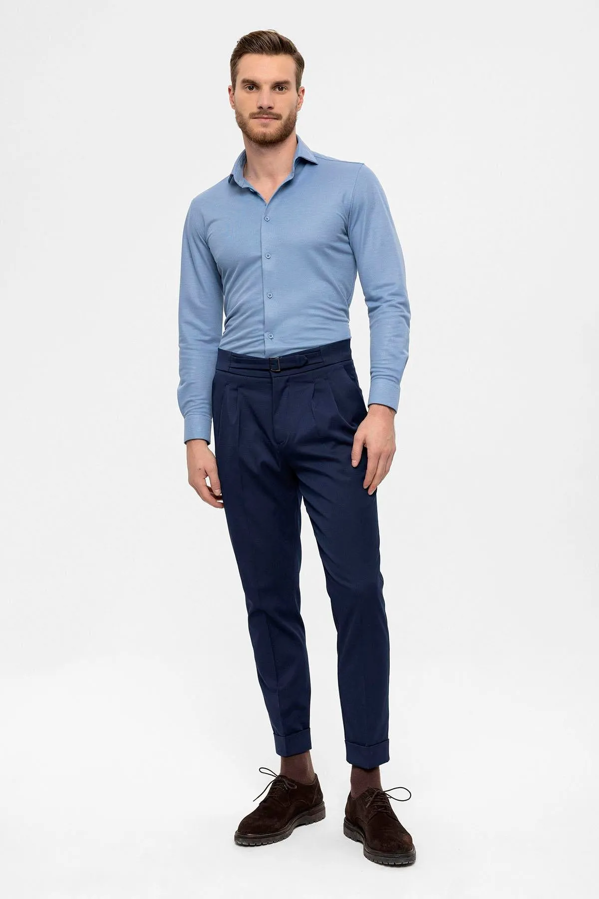 Men's Navy Blue High Waist Buckle Detailed Trousers - Wessi sold by Wessi