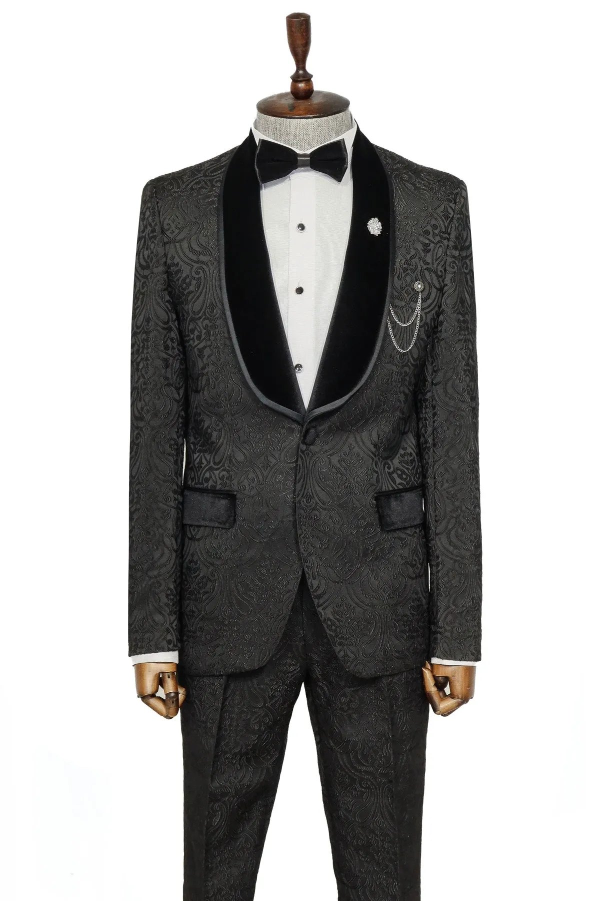 2 Piece Damask Patterned Velvet Shawl Collar Black Men's Tuxedo Suit - Wessi sold by Wessi