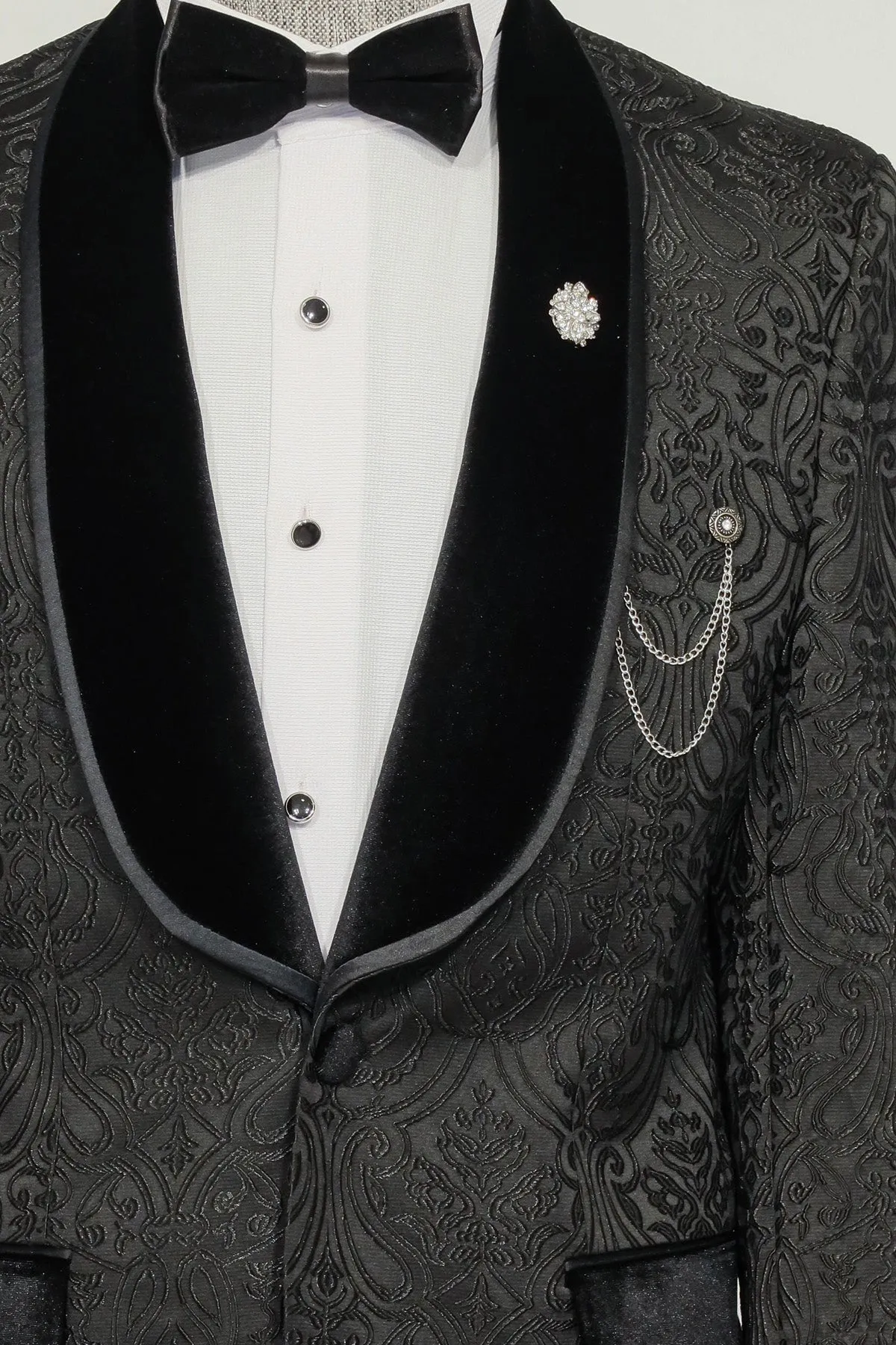 2 Piece Damask Patterned Velvet Shawl Collar Black Men's Tuxedo Suit - Wessi sold by Wessi product image thumbnail 3