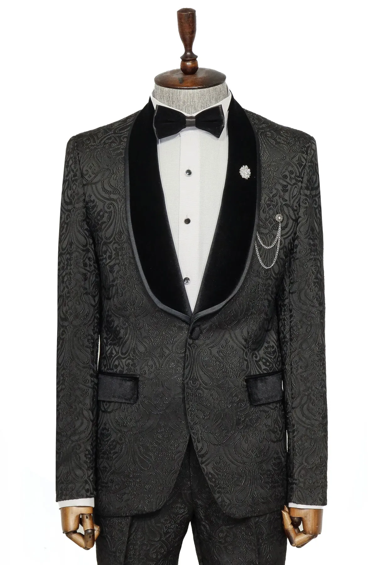 2 Piece Damask Patterned Velvet Shawl Collar Black Men's Tuxedo Suit - Wessi sold by Wessi product image thumbnail 2