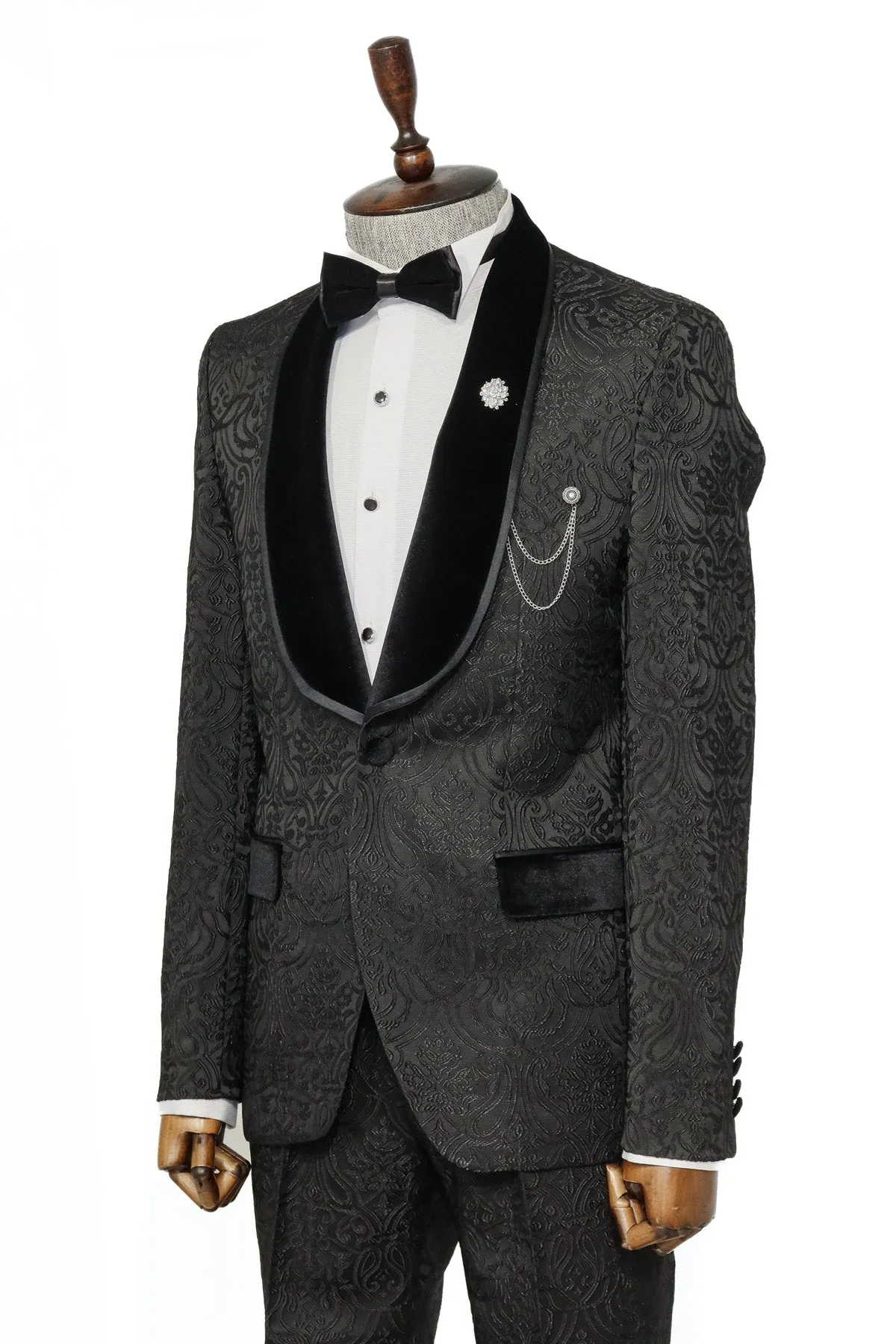 2 Piece Damask Patterned Velvet Shawl Collar Black Men's Tuxedo Suit - Wessi sold by Wessi product image thumbnail 4