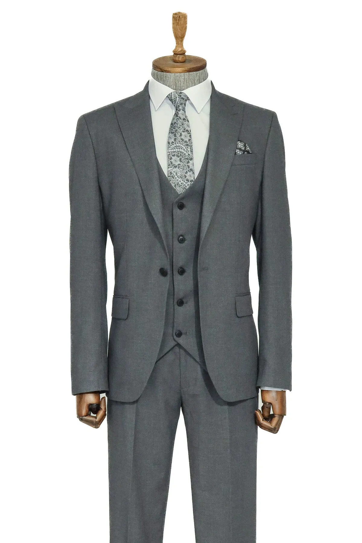 3 -Piece Single Button Peak Lapel Grey Men Suit - Wessi sold by Wessi