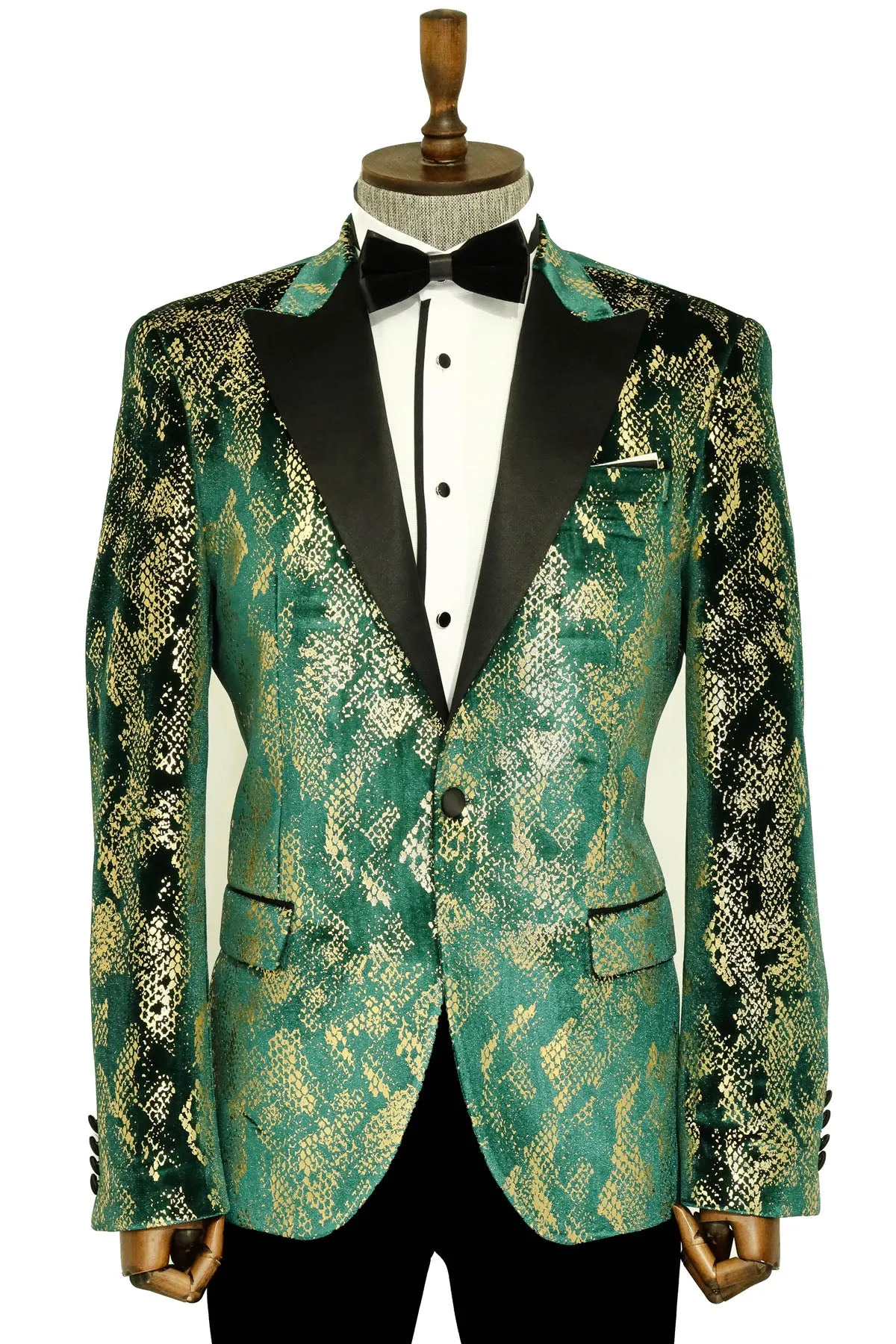 Peak Lapel Slim Fit Gold Patterned Green Men Prom Party Blazer sold by Wessi