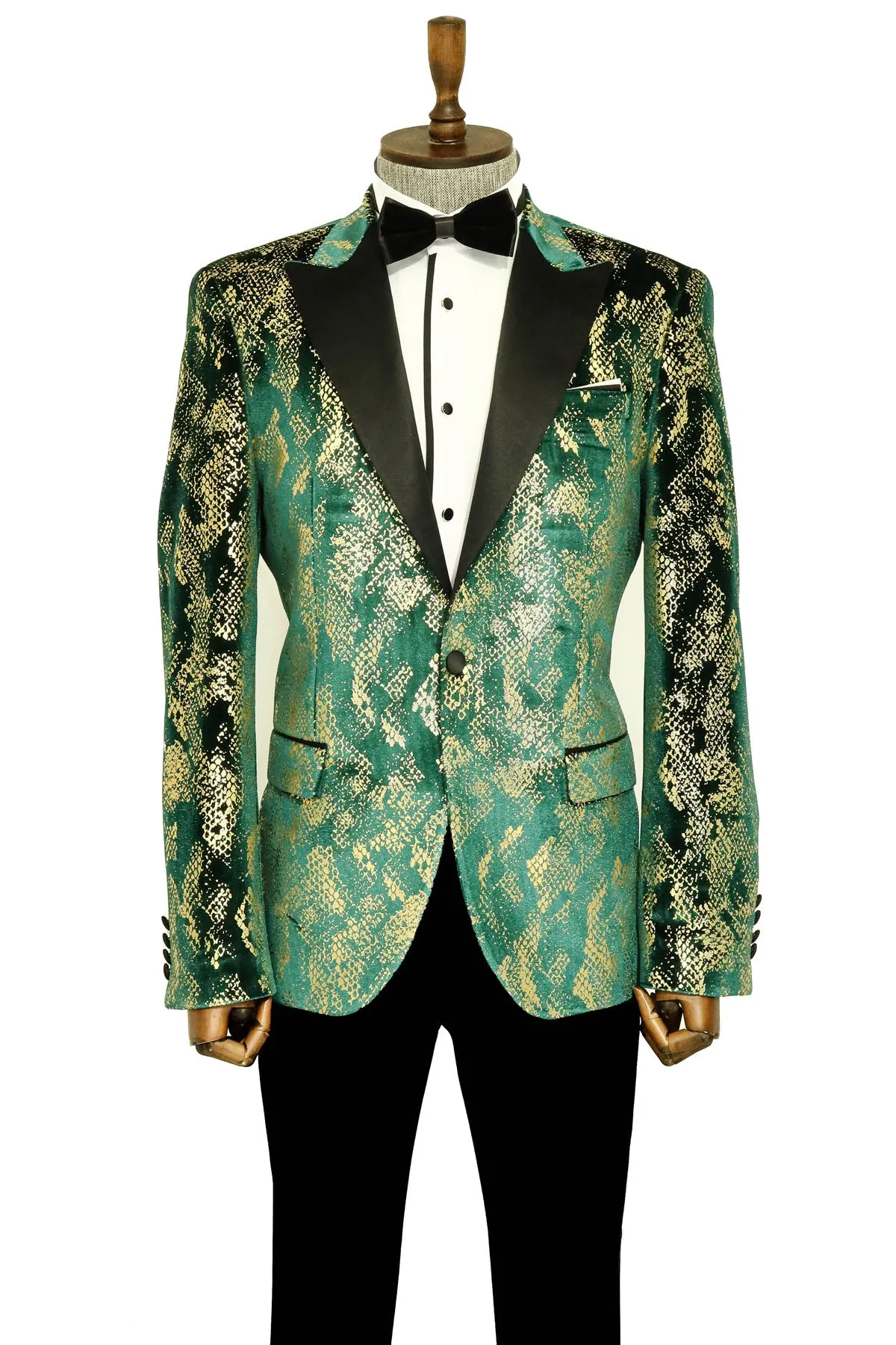 Peak Lapel Slim Fit Gold Patterned Green Men Prom Party Blazer sold by Wessi product image thumbnail 3