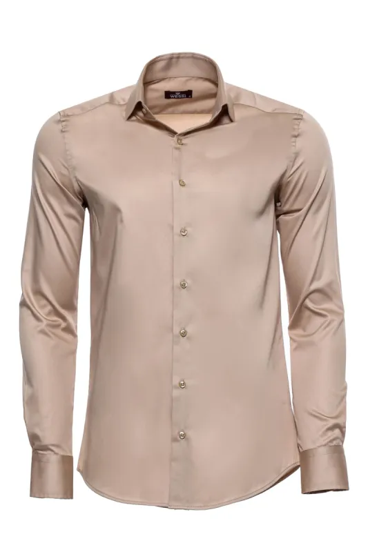 Cotton Satin Plain Long Sleeves Slim Fit Beige Men Shirt - Wessi sold by Wessi