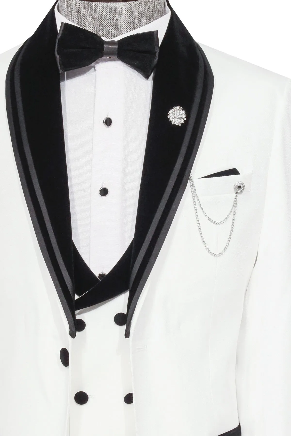 3 Piece Trim Detailed Self-Patterned Velvet Shawl Collar White Men's Tuxedo - Wessi sold by Wessi product image thumbnail 2