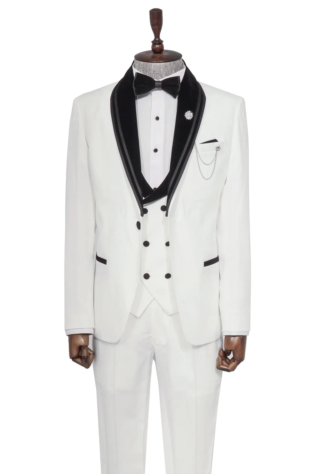3 Piece Trim Detailed Self-Patterned Velvet Shawl Collar White Men's Tuxedo - Wessi sold by Wessi product image thumbnail 3