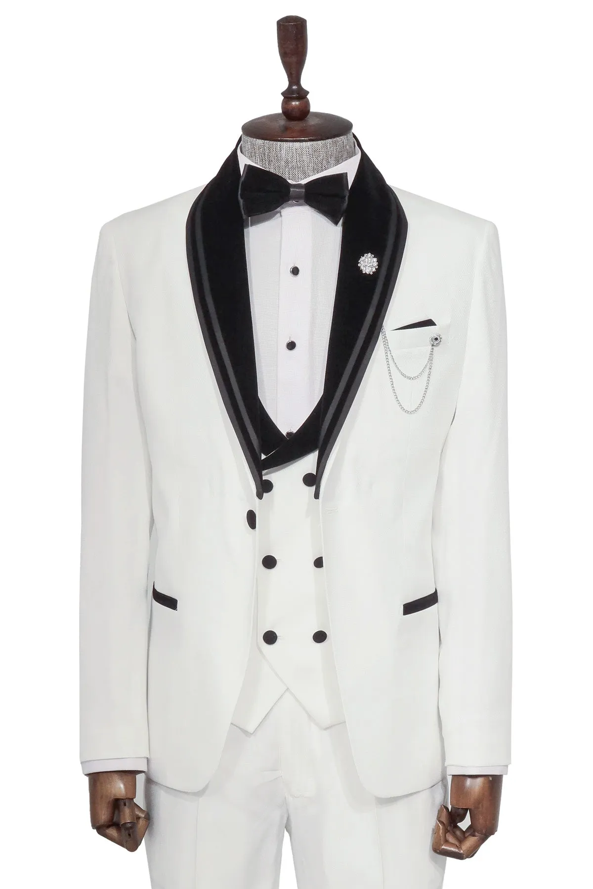 3 Piece Trim Detailed Self-Patterned Velvet Shawl Collar White Men's Tuxedo - Wessi sold by Wessi