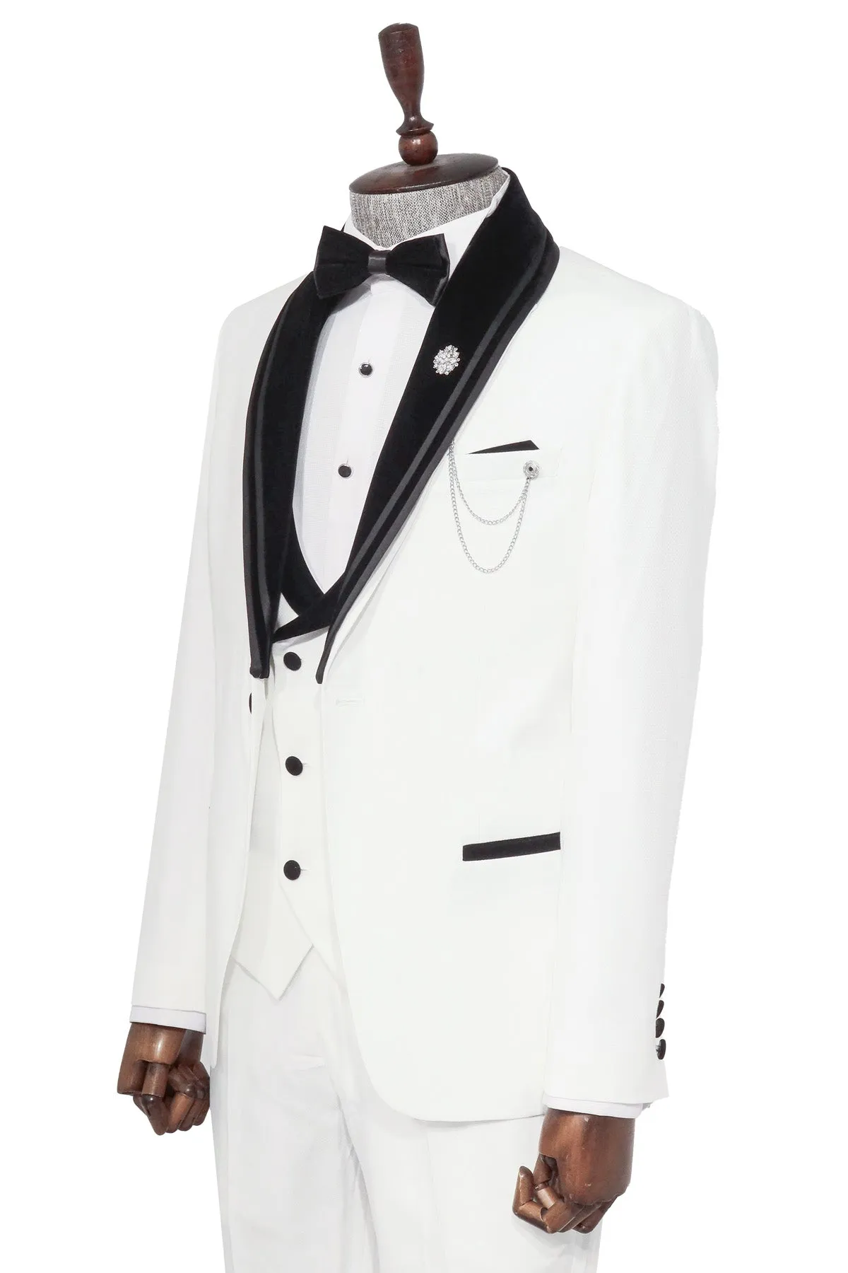 3 Piece Trim Detailed Self-Patterned Velvet Shawl Collar White Men's Tuxedo - Wessi sold by Wessi product image thumbnail 4