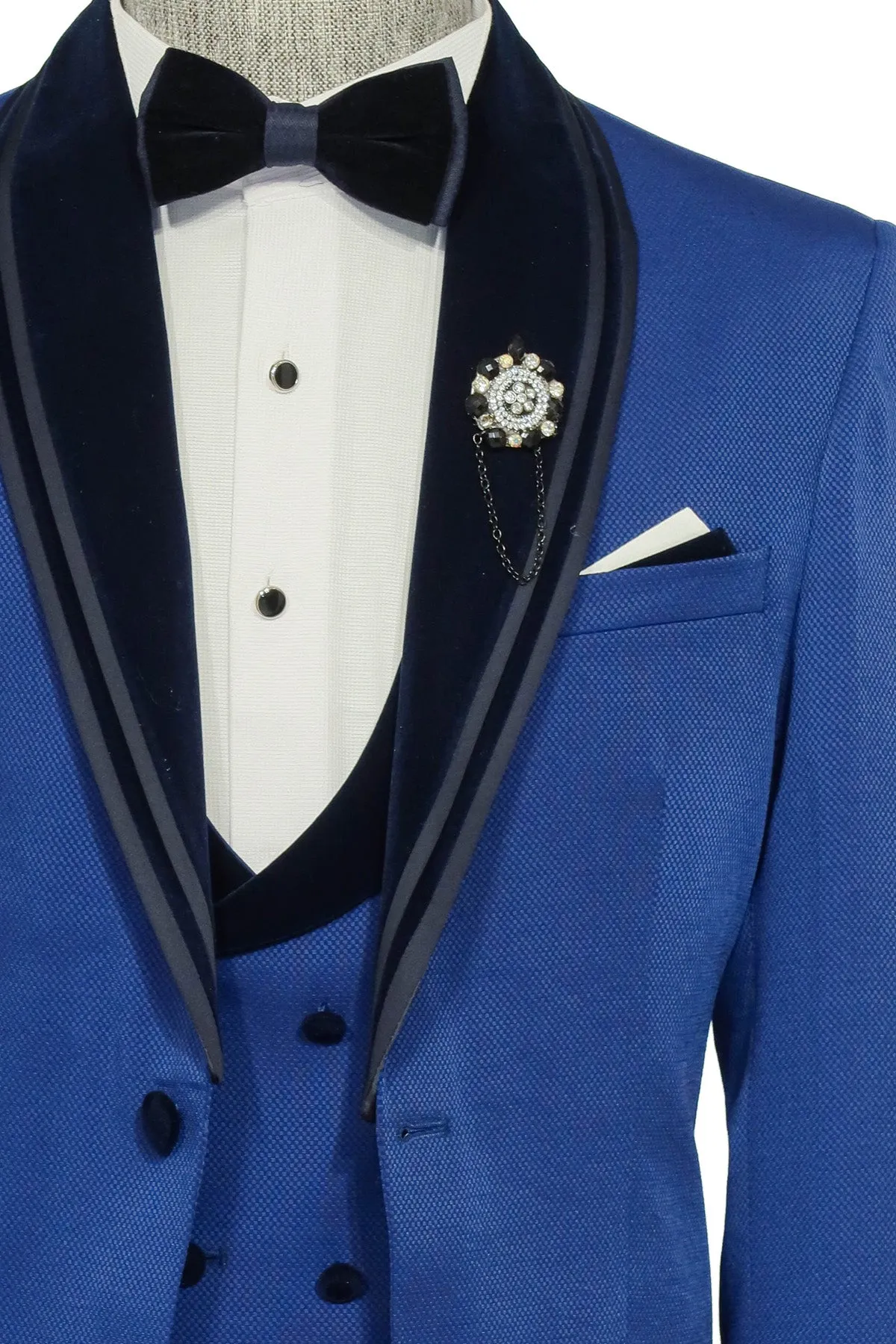 3 Piece Trim Detailed Self-Patterned Velvet Shawl Collar Royal Blue Men's Tuxedo - Wessi sold by Wessi product image thumbnail 2