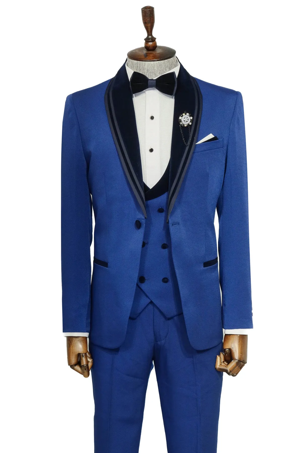 3 Piece Trim Detailed Self-Patterned Velvet Shawl Collar Royal Blue Men's Tuxedo - Wessi sold by Wessi product image thumbnail 3