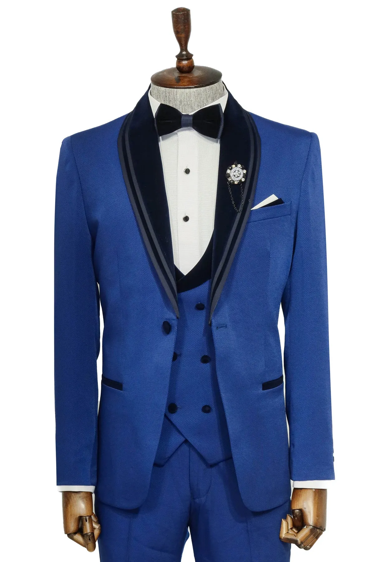 3 Piece Trim Detailed Self-Patterned Velvet Shawl Collar Royal Blue Men's Tuxedo - Wessi sold by Wessi
