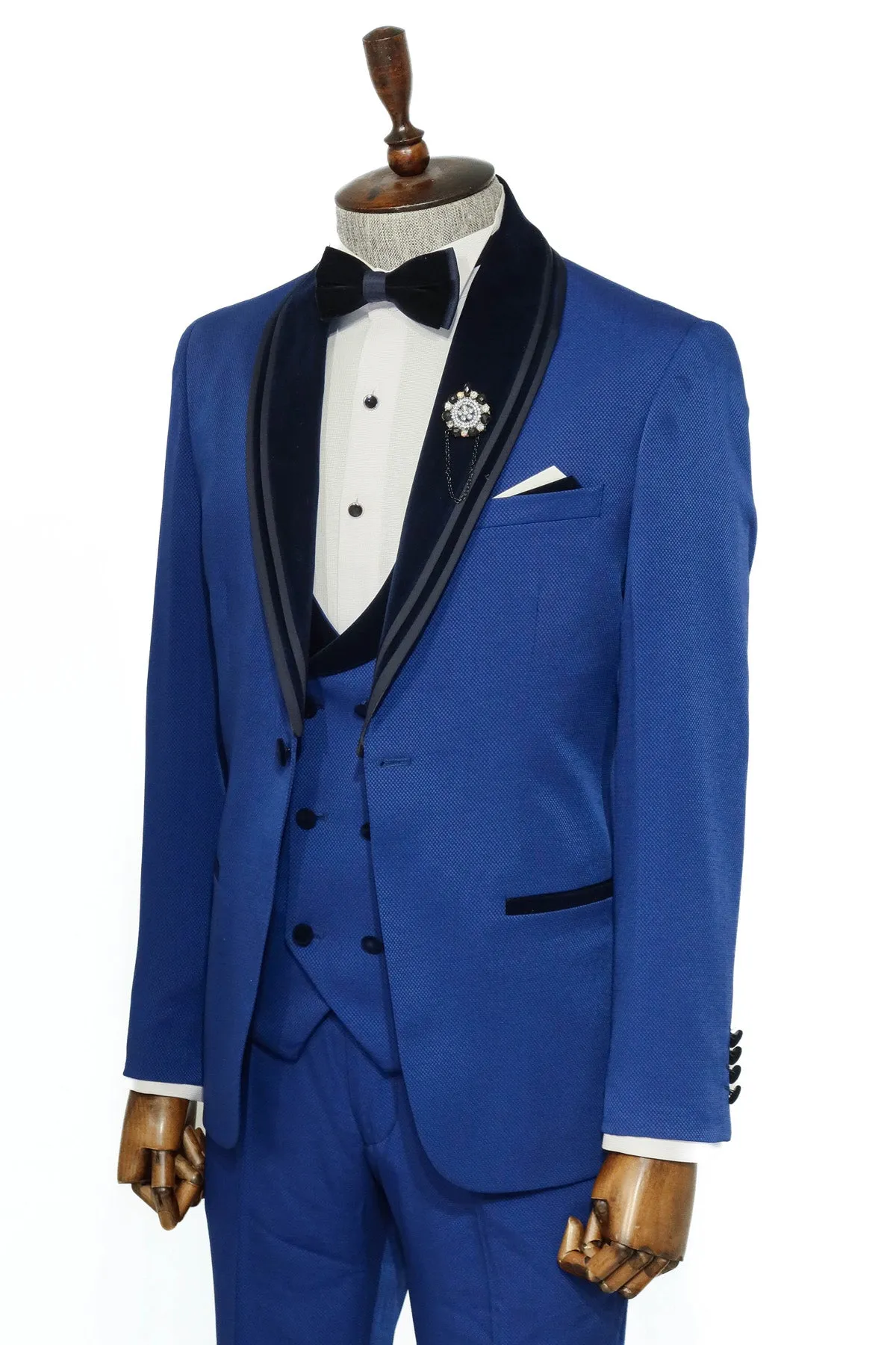 3 Piece Trim Detailed Self-Patterned Velvet Shawl Collar Royal Blue Men's Tuxedo - Wessi sold by Wessi product image thumbnail 4