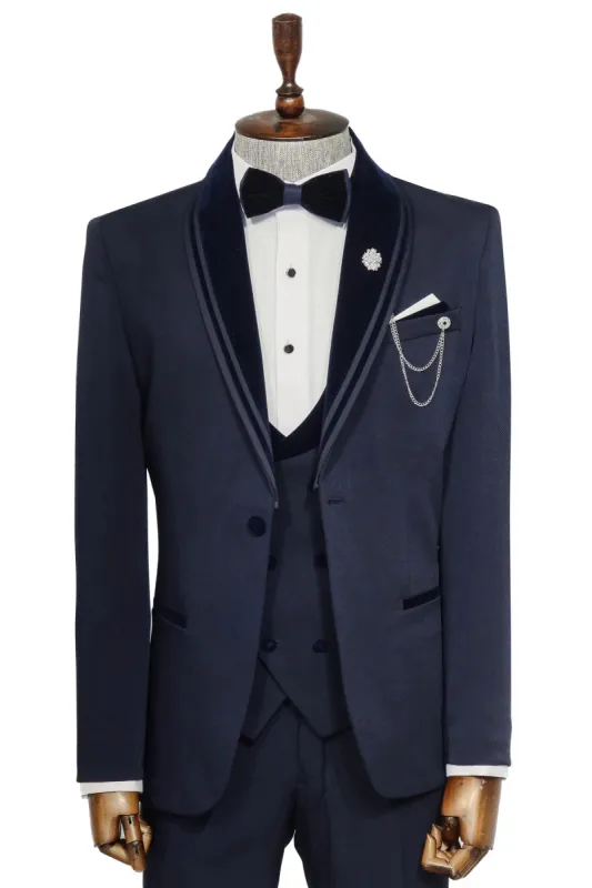3 Piece Trim Detailed Self-Patterned Velvet Shawl Collar Navy Blue Men's Tuxedo - Wessi sold by Wessi