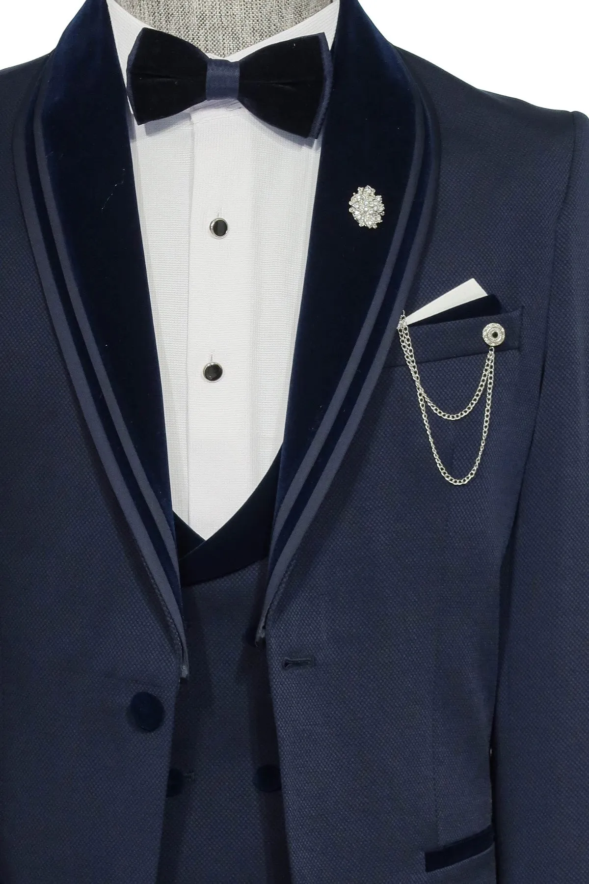 3 Piece Trim Detailed Self-Patterned Velvet Shawl Collar Navy Blue Men's Tuxedo - Wessi sold by Wessi product image thumbnail 2