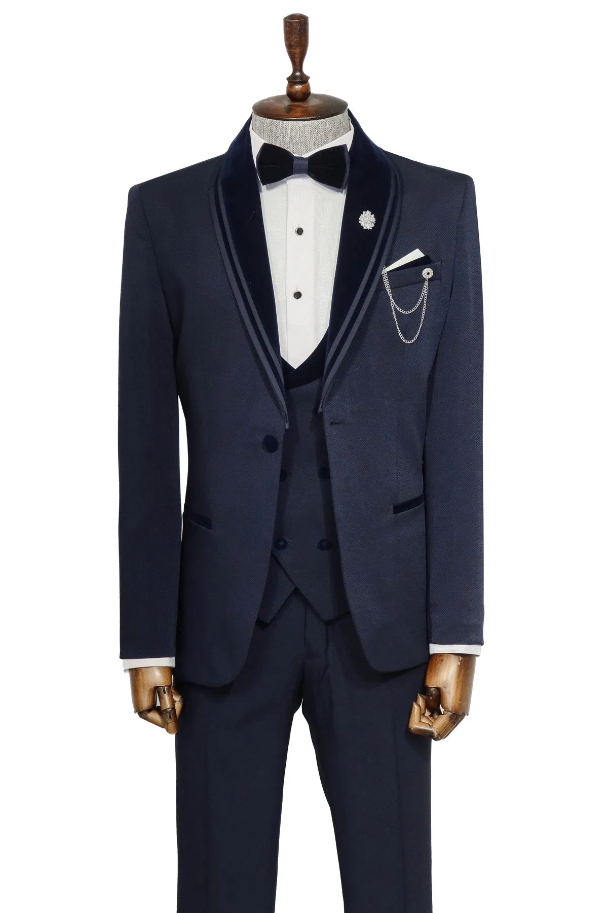3 Piece Trim Detailed Self-Patterned Velvet Shawl Collar Navy Blue Men's Tuxedo - Wessi sold by Wessi product image thumbnail 3