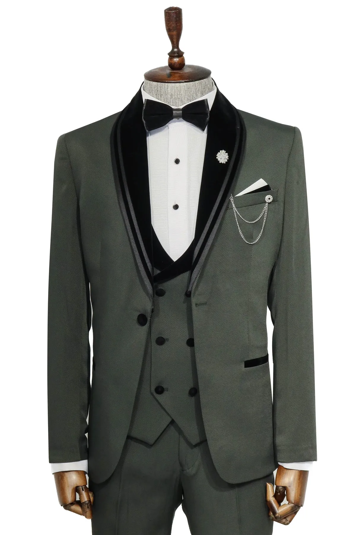 3 Piece Trim Detailed Self-Patterned Velvet Shawl Collar Khaki Men's Tuxedo - Wessi sold by Wessi