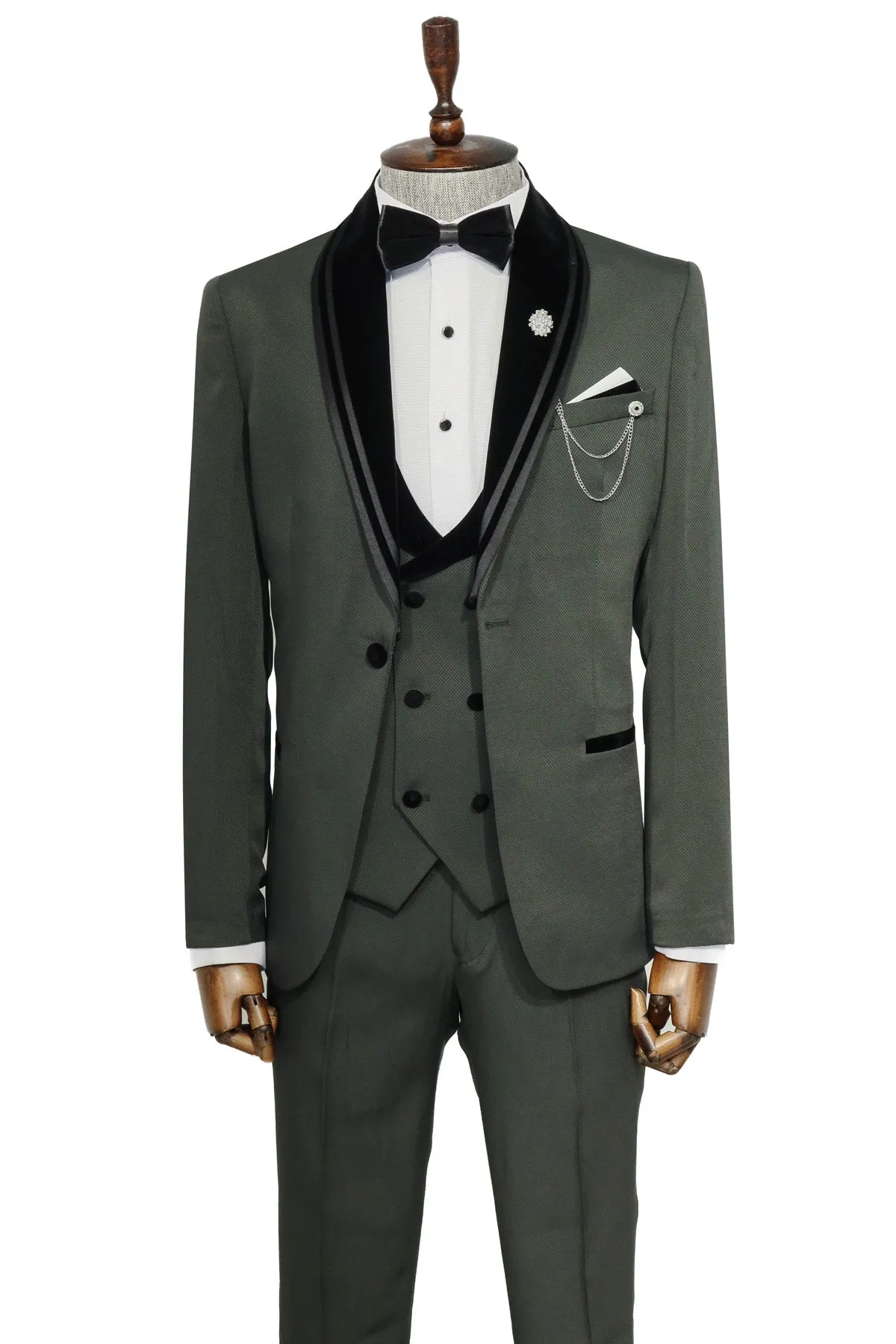 3 Piece Trim Detailed Self-Patterned Velvet Shawl Collar Khaki Men's Tuxedo - Wessi sold by Wessi product image thumbnail 3