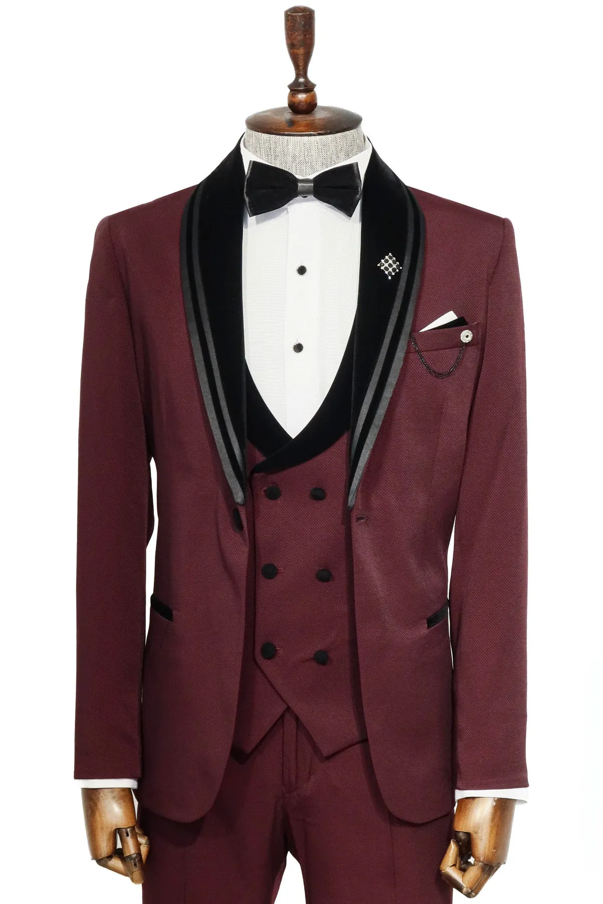 3 Piece Trim Detailed Self-Patterned Velvet Shawl Collar Burgundy Men's Tuxedo - Wessi sold by Wessi