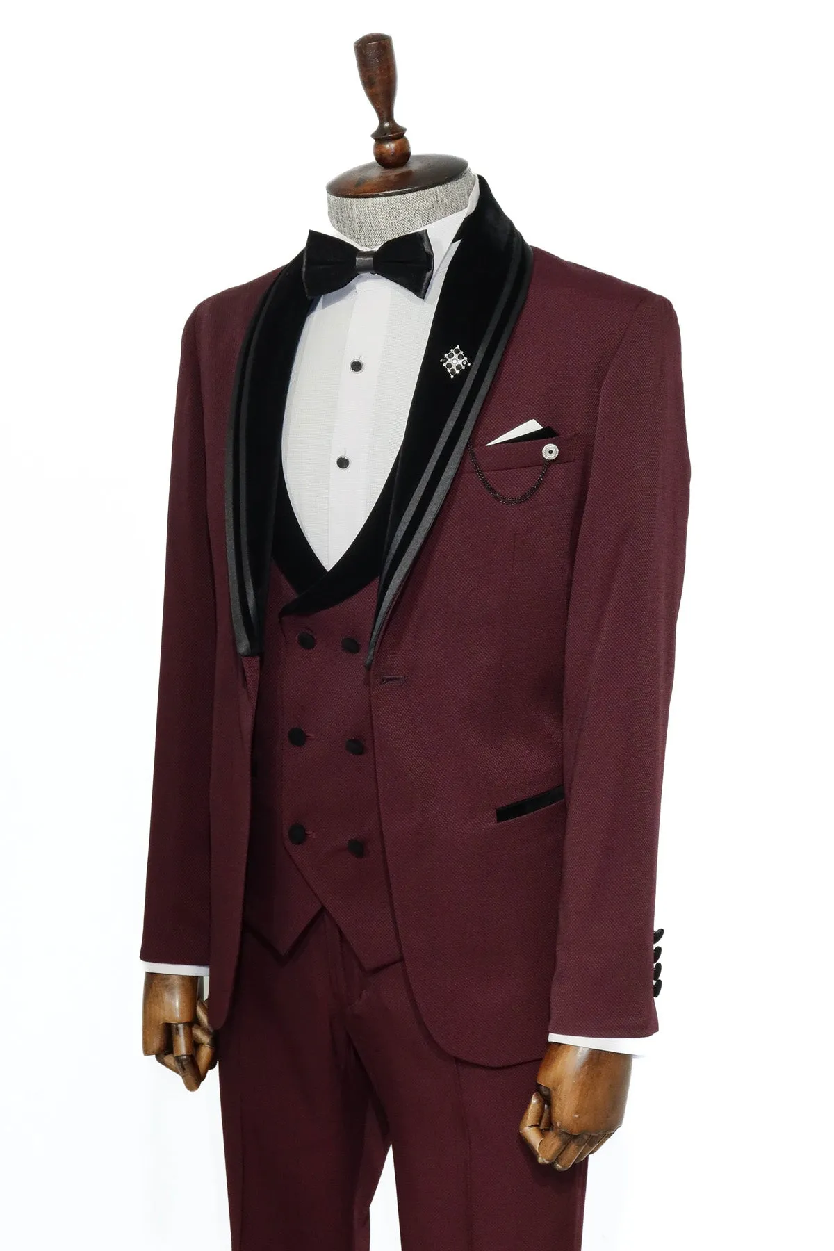 3 Piece Trim Detailed Self-Patterned Velvet Shawl Collar Burgundy Men's Tuxedo - Wessi sold by Wessi product image thumbnail 4