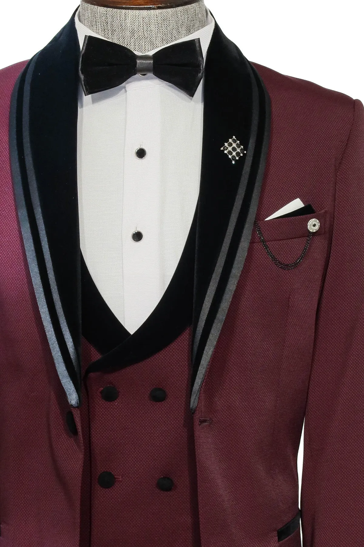 3 Piece Trim Detailed Self-Patterned Velvet Shawl Collar Burgundy Men's Tuxedo - Wessi sold by Wessi product image thumbnail 2