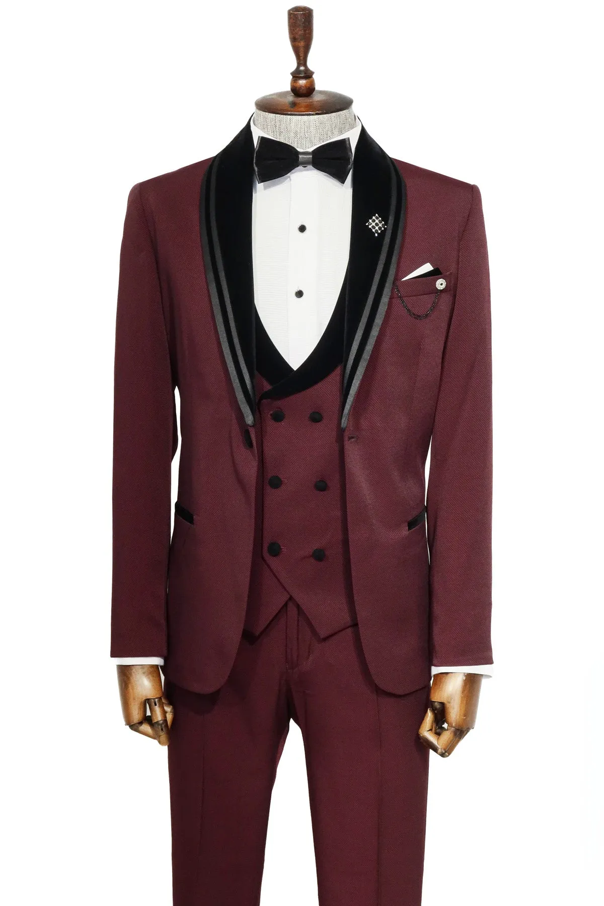 3 Piece Trim Detailed Self-Patterned Velvet Shawl Collar Burgundy Men's Tuxedo - Wessi sold by Wessi product image thumbnail 3