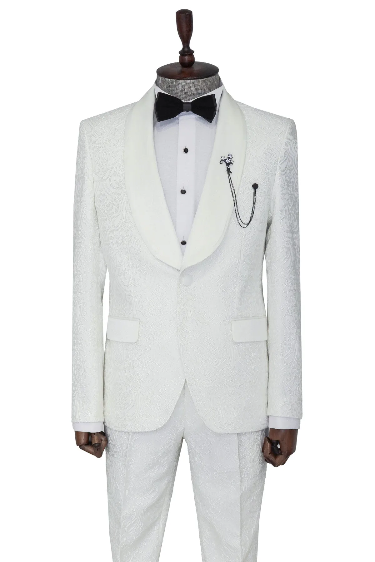 2 Piece Damask Patterned Velvet Shawl Collar White Men's Tuxedo Suit - Wessi sold by Wessi product image thumbnail 3