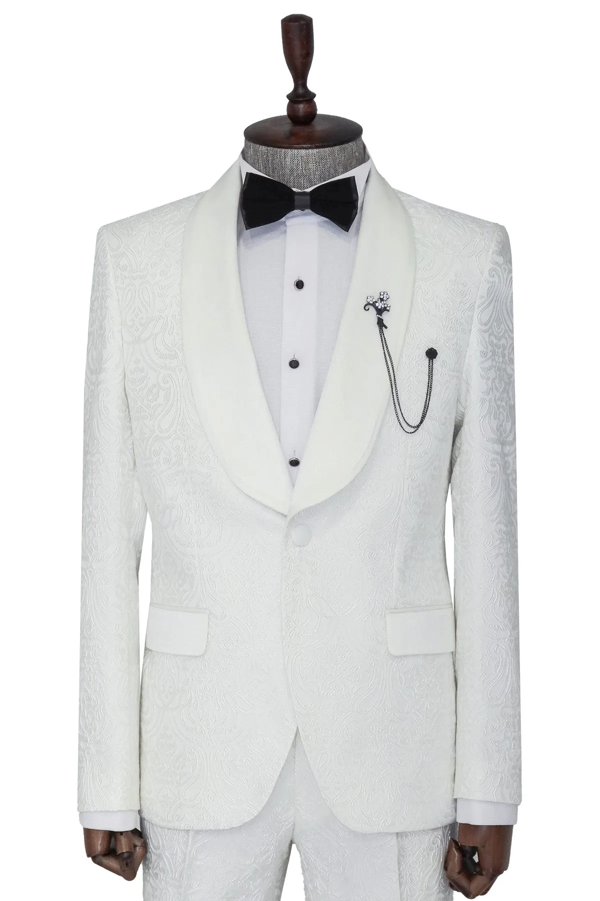 2 Piece Damask Patterned Velvet Shawl Collar White Men's Tuxedo Suit - Wessi sold by Wessi