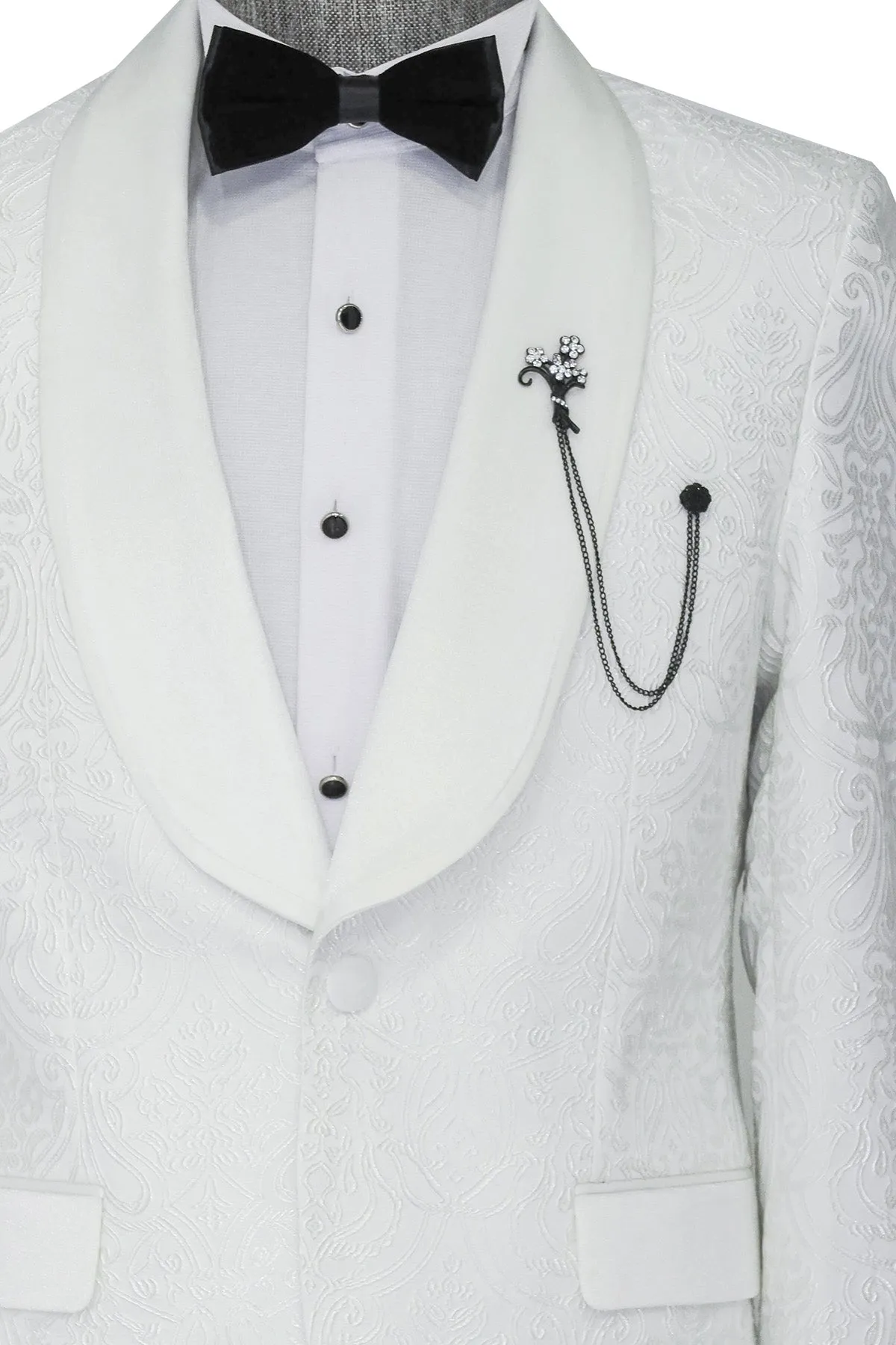 2 Piece Damask Patterned Velvet Shawl Collar White Men's Tuxedo Suit - Wessi sold by Wessi product image thumbnail 2