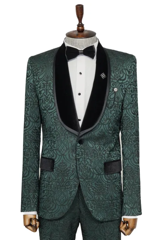 2 Piece Damask Patterned Velvet Shawl Collar Emerald Green Men's Tuxedo Suit - Wessi sold by Wessi