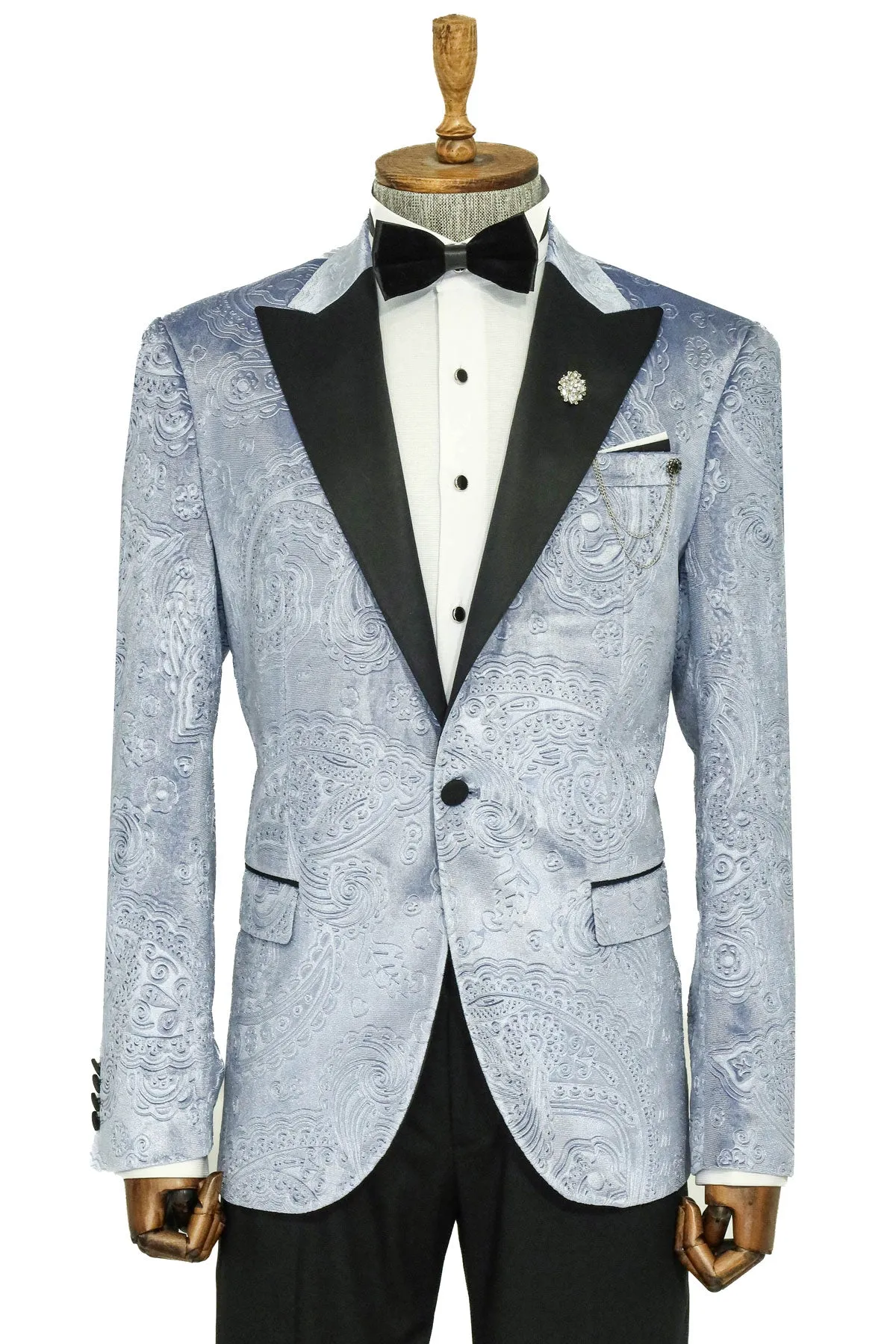 Floral Patterned Velvet Blue Men Wedding Grooms Blazer - Wessi sold by Wessi