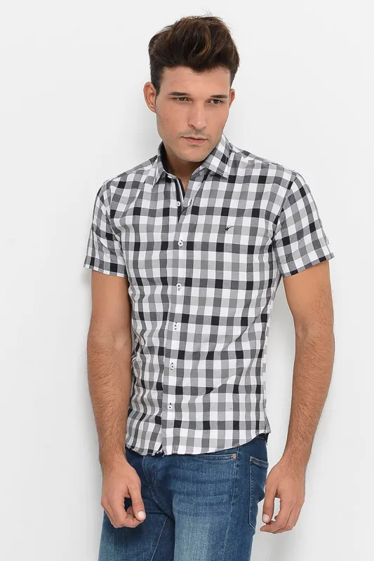 Checked Short Sleeve White-Black Men Shirt - Wessi sold by Wessi