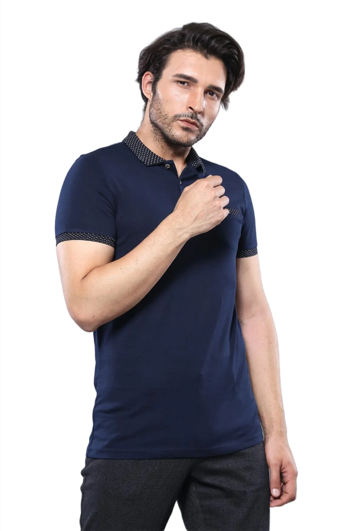 Short Sleeves Neck Patterned Navy Blue Men Polo Shirt sold by Wessi