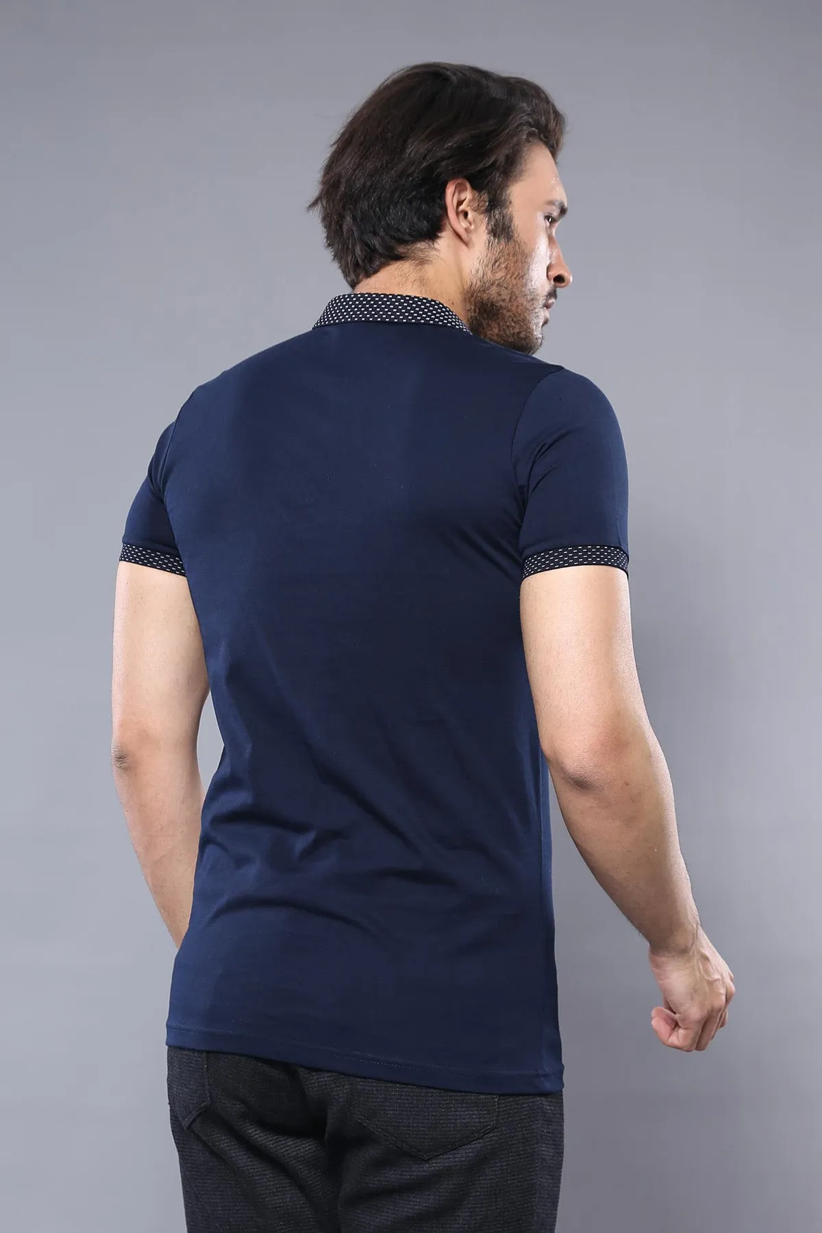 Short Sleeves Neck Patterned Navy Blue Men Polo Shirt sold by Wessi product image thumbnail 3