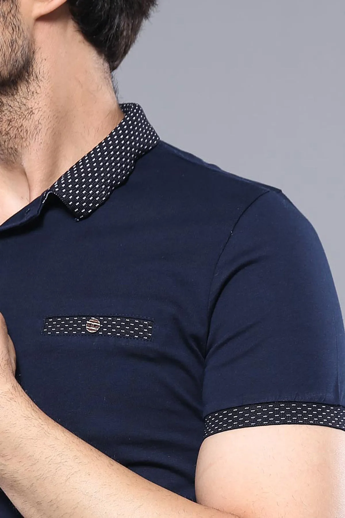 Short Sleeves Neck Patterned Navy Blue Men Polo Shirt sold by Wessi product image thumbnail 2