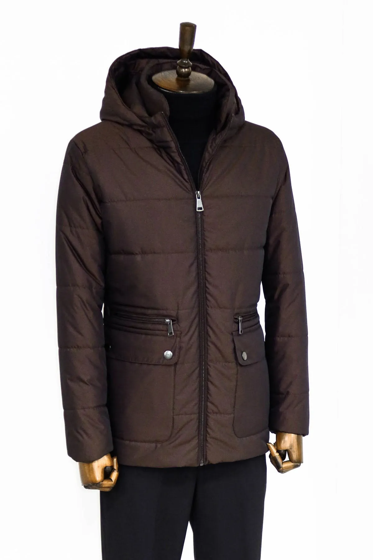 4 Pockets Hooded Zippered Quilted Brown Men Down Coat sold by Wessi product image thumbnail 5