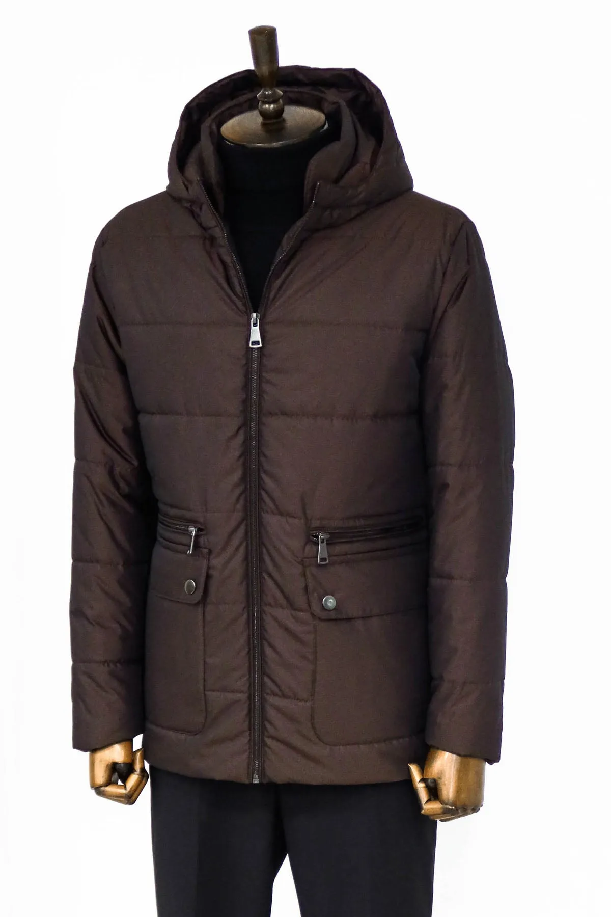 4 Pockets Hooded Zippered Quilted Brown Men Down Coat sold by Wessi product image thumbnail 4