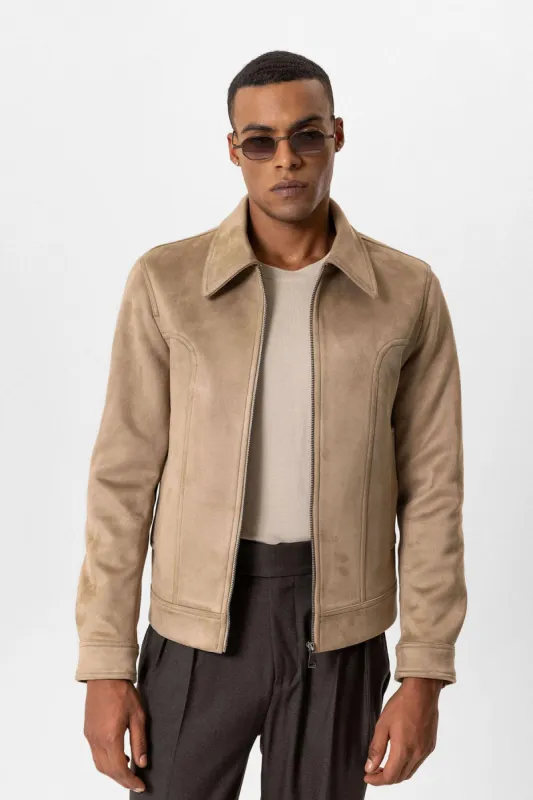 Beige Crop Fit Suede Men's Jacket - Wessi sold by Wessi