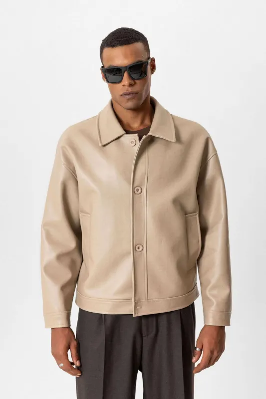 Beige Oversize Faux Leather Men's Jacket - Wessi sold by Wessi
