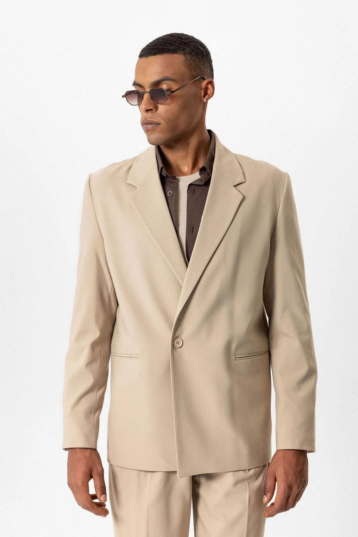 Beige Single-Button Relaxed Men's Blazer Jacket - Wessi sold by Wessi